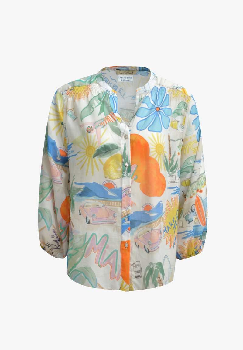 Kurzarmpulloverhemd aus leichtem Stoff mit einem bunten Tropenmuster, das Autos, Blumen und Sonnenmotive in Pastelltönen zeigt.