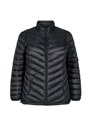 Zwarte, lichte gewatteerde jas met een chevronpatroon, volledige voorrits en opstaande kraag. Voorzien van elastische mouwen en een slank ontwerp.
