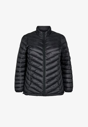 Črna, lahka zimska jakna s chevron vzorcem, popolnim sprednjim zadrgo in stoječim ovratnikom. Ima elastične manšete in eleganten dizajn.