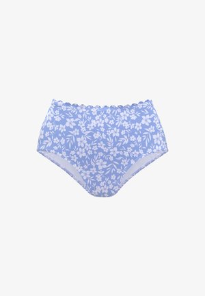 High-waisted blue underwear with a white floral pattern, scalloped edges, and soft material for comfort.