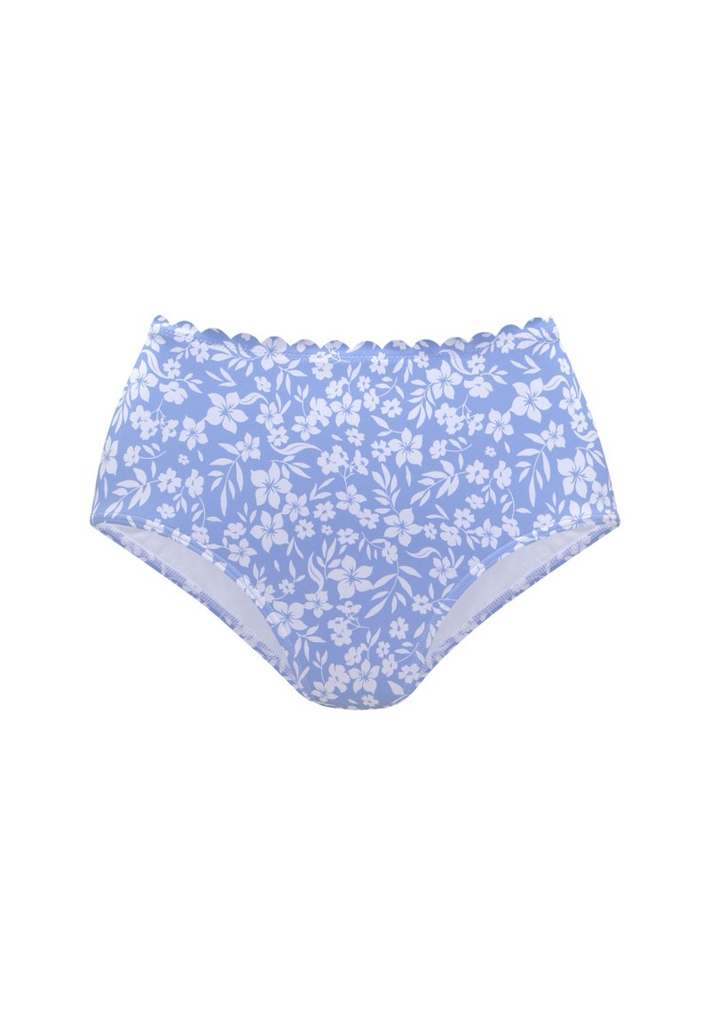 Sous-vêtements bleus tailles hautes avec un motif floral blanc, bords festonnés et tissu doux pour le confort.