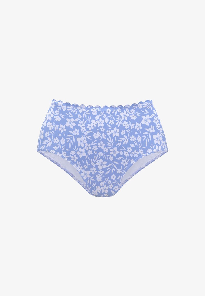 Sous-vêtements bleus tailles hautes avec un motif floral blanc, bords festonnés et tissu doux pour le confort.