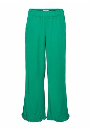 Grønne brede bukser med en strækkelig talje og flæsekant. Fremstillet af letvægtsstof med en glat tekstur.