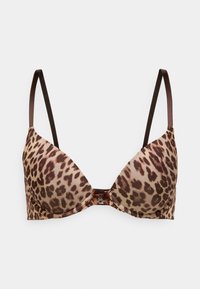 Leopard print padded bra with brown adjustable straps, satin texture, and a small bow accent at the center front.