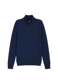 Pull en maille torsadée bleu marine avec col montant et fermeture éclair demi-zippée. Doté de poignets et d'un bas côtelés, fabriqué à partir d'un tissu en maille texturée.