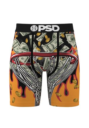 Boxer da uomo con stampa di denaro, con banconote e monete su uno sfondo arancione acceso e nero, vita nera con logo.