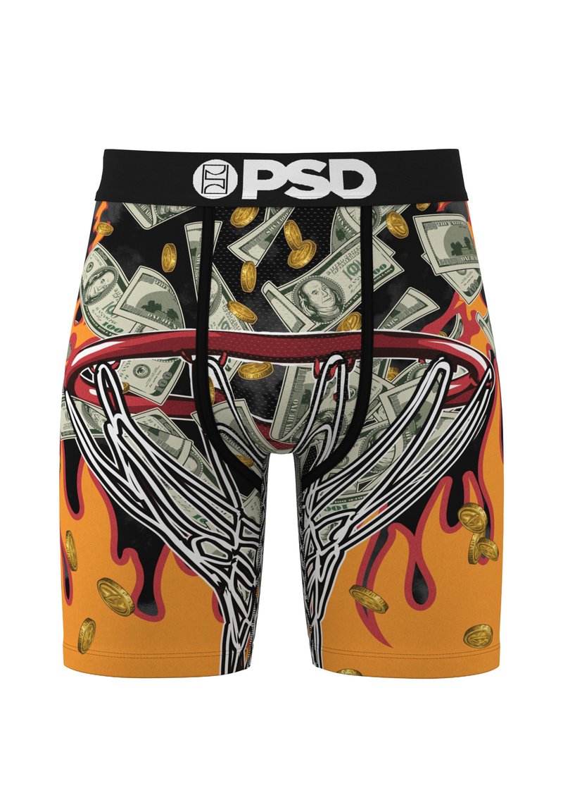 Boxer da uomo con stampa di denaro, con banconote e monete su uno sfondo arancione acceso e nero, vita nera con logo.