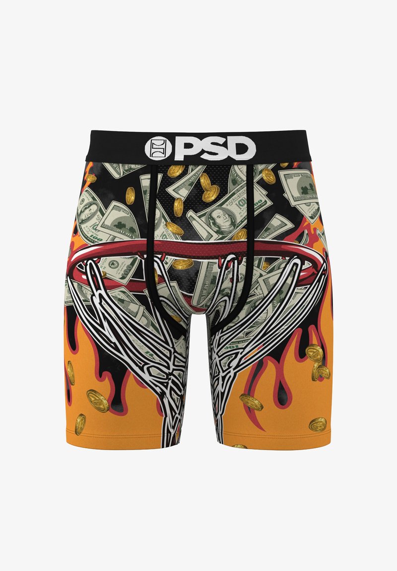 Boxer da uomo con stampa di denaro, con banconote e monete su uno sfondo arancione acceso e nero, vita nera con logo.