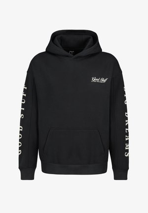 Black hoodie made of cotton blend, featuring a front pocket, ribbed cuffs, and text prints "Good Stuff" and "Big Dreams" on sleeves.