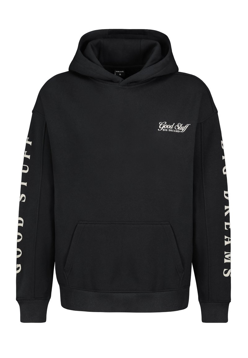 Schwarzer Hoodie aus Baumwollmix, mit einer Vordertasche, gerippten Bündchen und Textdruck "Good Stuff" und "Big Dreams" an den Ärmeln.