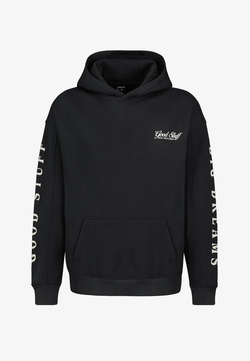 Schwarzer Hoodie aus Baumwollmix, mit einer Vordertasche, gerippten Bündchen und Textdruck "Good Stuff" und "Big Dreams" an den Ärmeln.