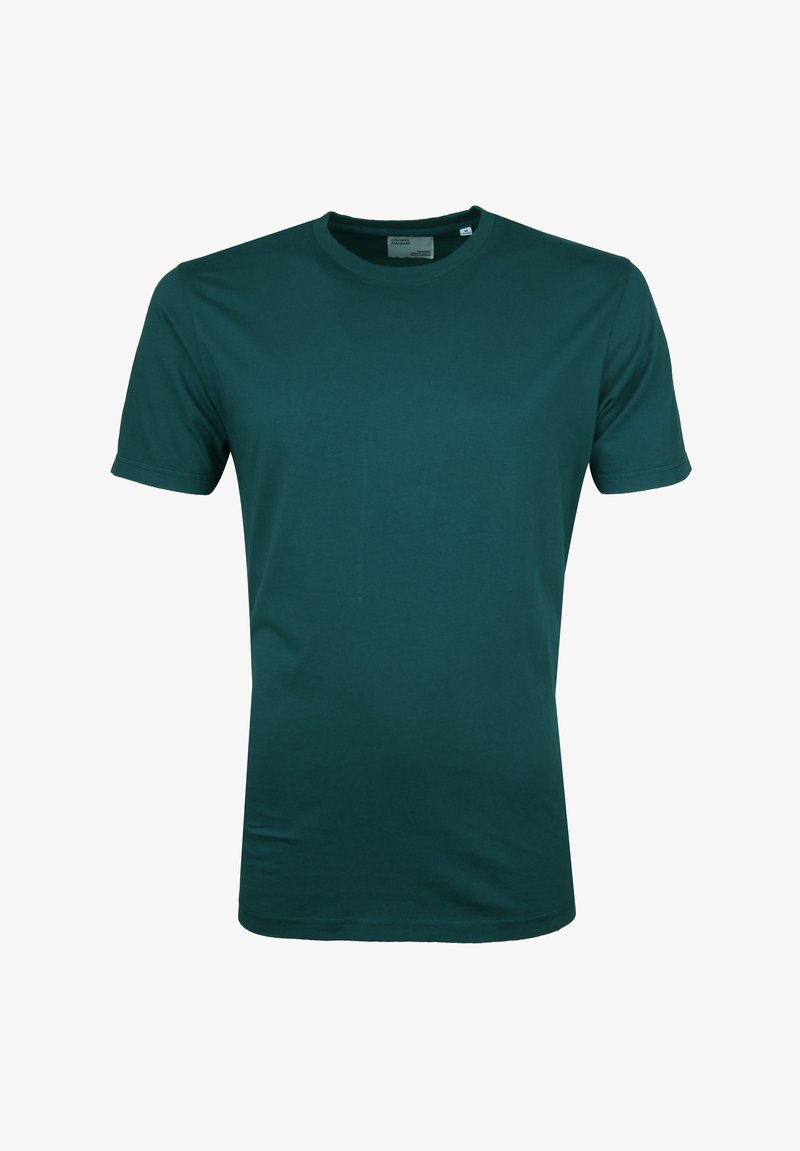 Teal katoenen t-shirt met korte mouwen en een ronde hals. Gladde textuur en klassieke pasvorm; geen patronen of versieringen.