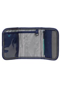 Navy wallet with yellow stitching, featuring multiple card slots, a transparent zipper pocket, and a grey interior with patterned details.