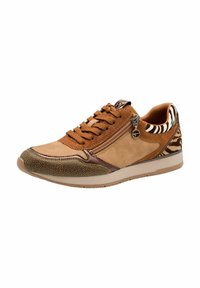 Scarpa sportiva marrone e beige con punta testurizzata, design con lacci, cerniera laterale e dettagli con stampa animale sul tallone.