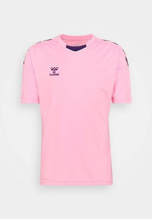 Pink athletic shirt by Hummel with a V-neck, short sleeves, and black accents on shoulders. Made of smooth, lightweight fabric.