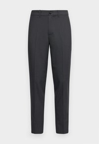 Mörkgrå skräddarsydda byxor tillverkade av texturerat tyg, med dragkedja och knappstängning, raka ben och två sidfickor.