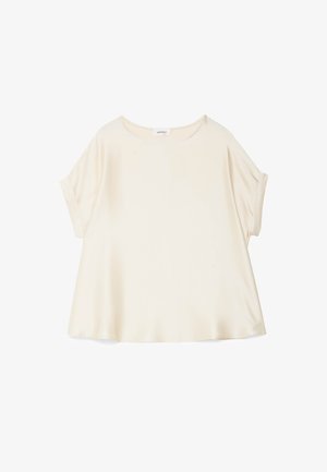 Locker sitzendes, cremefarbenes Oberteil mit kurzen Ärmeln, aufgekrempelten Bündchen und rundem Ausschnitt, präsentiert vor weißem Hintergrund.