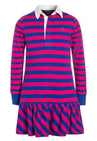 Klänning med lång ärm i rosa och blå ränder, med vit skjortkrage, knappslå med tre knappar och en utsvängd, volangprydd fåll.