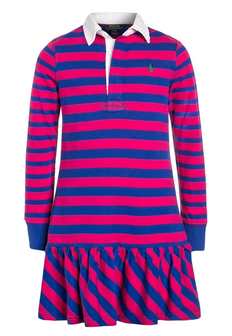 Klänning med lång ärm i rosa och blå ränder, med vit skjortkrage, knappslå med tre knappar och en utsvängd, volangprydd fåll.