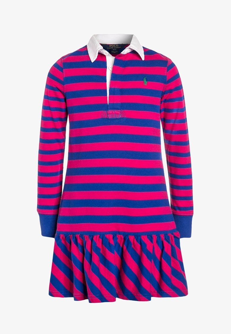 Klänning med lång ärm i rosa och blå ränder, med vit skjortkrage, knappslå med tre knappar och en utsvängd, volangprydd fåll.