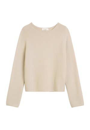 Beige gebreide trui met lange mouwen en een ronde hals, met een iets verkorte zoom, weergegeven op een witte achtergrond.
