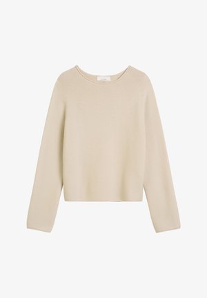 Beżowy sweter dzianinowy z długim rękawem, okrągłym dekoltem i lekko skróconym dołem, wyeksponowany na białym tle.