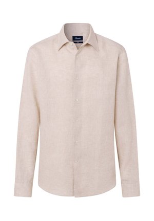 Camicia beige a maniche lunghe con colletto appuntito e bottoni visibili sul davanti, mostrata su sfondo bianco.