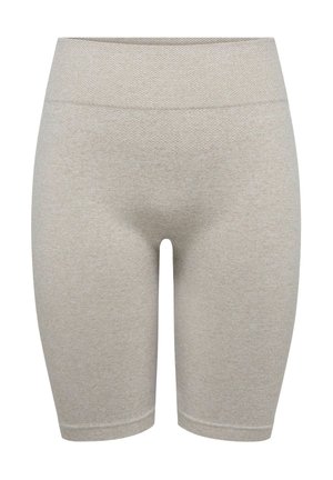 Lysegrå sømløse strikkede biker-shorts med høj talje og længde til midt på låret, designet til komfort og stræk.