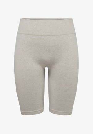 Jasnoszare bezszwowe, dziergane spodenki rowerowe z wysokim stanem i długością do połowy uda, zaprojektowane dla komfortu i rozciągliwości.