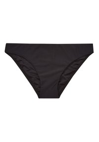 Čierne bikiny s nízkym pásom, hladká tkanina a žiadne viditeľné vzory alebo kovania. Klasický strih so bočnými švami.
