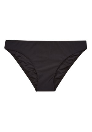 Juodas bikini apatinis trikotažas, pasižymintis žemai pakeltu dizainu, lygia medžiaga ir be matomų raštų ar detalių. Klasikinis pjūvis su šoniniais siūlais.