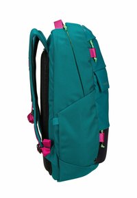 Backpack in teal fabric with pink accents, featuring multiple compartments, adjustable straps, and textured black back panel for comfort.