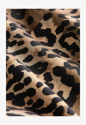 Leoprint-Stoff mit hellbraunem Hintergrund und markanten schwarzen Flecken, weicher Textur und glattem Glanz, geeignet für verschiedene Bekleidungsdesigns.