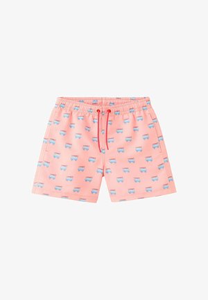 Pinkfarbene Badeshorts mit blau-weißem Campervan-Muster, elastischem Bund und rotem Kordelzug.