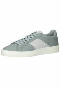 Gray leather sneaker with light gray suede accents, round toe, flat white rubber sole, and light blue laces. Stitching detail along edges.