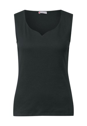 Black sleeveless top with a V-neckline, made of ribbed fabric. Features a fitted design and a smooth texture. No visible patterns or accents.