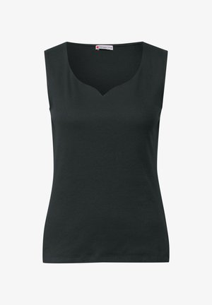 Mustat hihattomat yläosat, joissa on V-pääntie, valmistettu ribatusta kankaasta. Ominaisuuksia ovat tiukka malli ja sileä pinta. Ei näkyviä kuvioita tai yksityiskohtia.