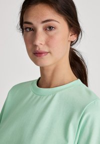 Mintgrüner Baumwoll-Pullover mit Rundhalsausschnitt und kurzen Ärmeln, der eine glatte Textur und ein einfaches, minimalistisches Design aufweist.