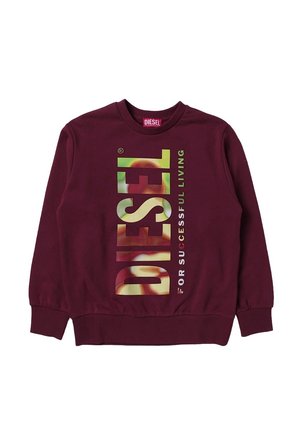 Felpa borgogna con un grande logo diagonale "DIESEL" dai colori sfumati e il testo "PER UNA VITA DI SUCCESSO" sottostante. Materiale in cotone.
