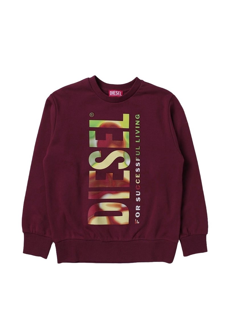 Felpa borgogna con un grande logo diagonale "DIESEL" dai colori sfumati e il testo "PER UNA VITA DI SUCCESSO" sottostante. Materiale in cotone.