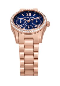 Montre en ton or rose avec un cadran bleu, lunette accentuée de cristaux, chiffre romain XII et trois sous-cadrans sur un bracelet à maillons.