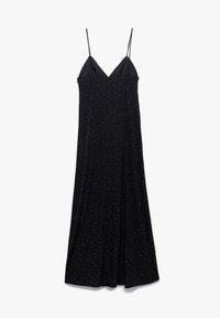 Schwarzes, ärmelloses Kleid mit V-Ausschnitt und dünnen Trägern, das eine lockere Silhouette hat und mit verstreuten silbernen Verzierungen geschmückt ist.