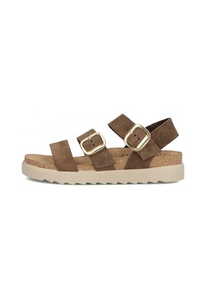 Sandalias de ante marrón con dos hebillas ajustables, plantilla de corcho y suela texturizada beige. Presentan una forma de cuña y un diseño casual.