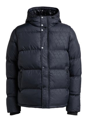 Giacca puffer blu scuro con design trapuntato, bottoni a pressione, colletto alto e tasche con zip. Presenta una fodera interna testurizzata.