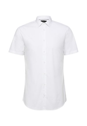 Herrenhemd mit kurzen weißen Ärmeln, spitzem Kragen, sichtbaren Knöpfen an der Vorderseite und abgerundetem Saum.