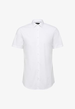 Herrenhemd mit kurzen weißen Ärmeln, spitzem Kragen, sichtbaren Knöpfen an der Vorderseite und abgerundetem Saum.