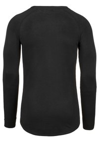 Chemise noire à manches longues avec une texture côtelée, un ourlet arrondi et des manches raglan. Design simple sans logos ni motifs visibles.