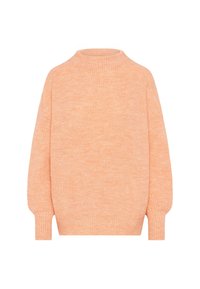 Knitted pullover sweater in light peach color, featuring a ribbed texture, a high neckline, and balloon sleeves.