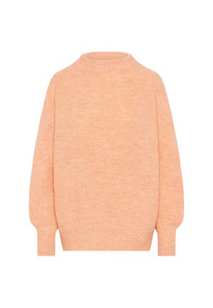 Gestrickter Pullover in hellem Pfirsichton, mit gerippter Textur, hohem Kragen und Ballonärmeln.