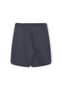 Pantaloncini di tessuto grigio con un elastico in vita e una tasca sul retro. Presentano un design semplice e casual e una texture morbida.